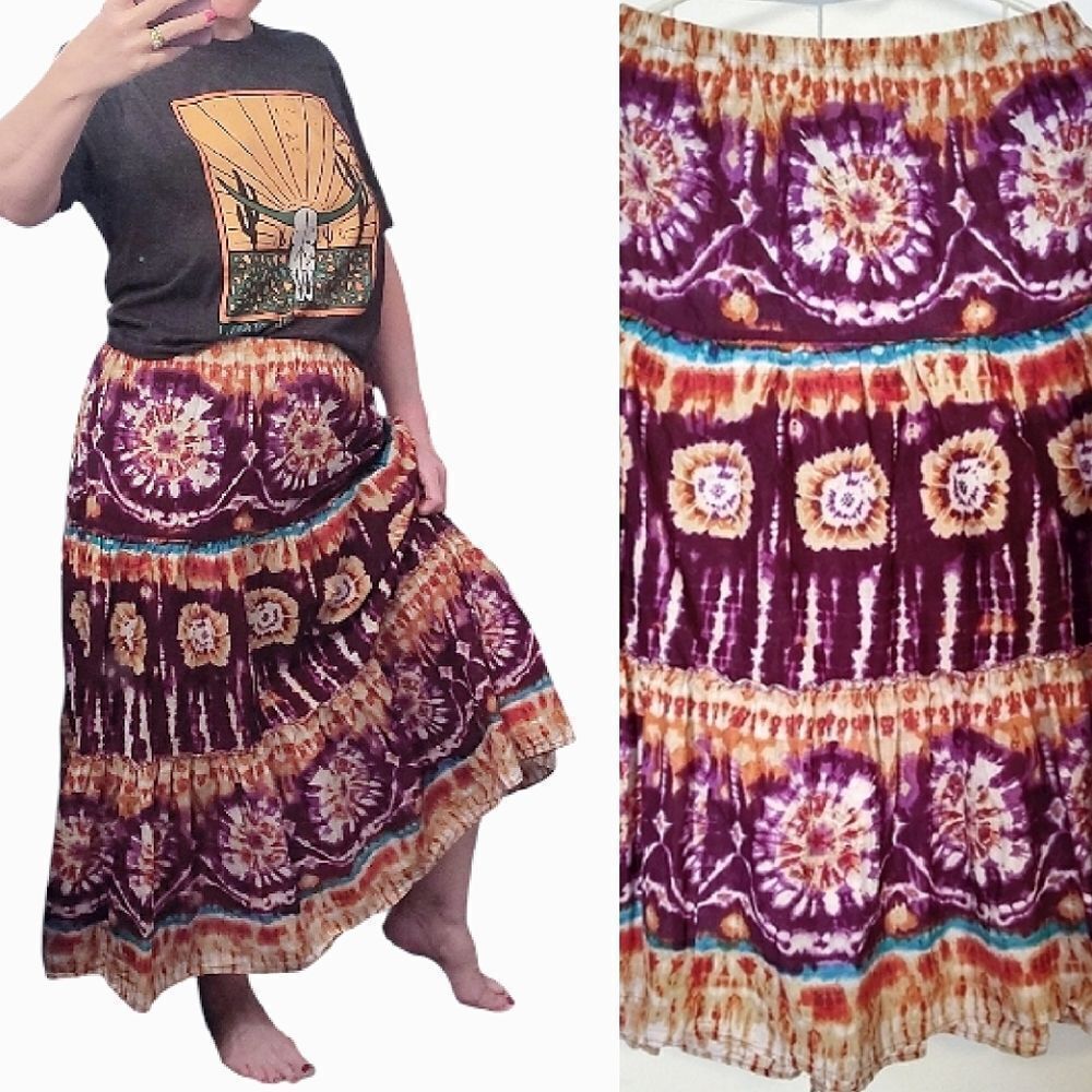 VTG Purple Orange‎ Abstract Floral Tie Dye Hippie Cotton Tiered Skirt Medium